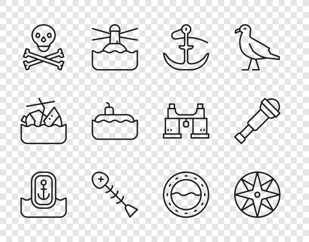 设置线位置与锚，风玫瑰，锚，死鱼，骷髅，潜艇，船舷窗和望远镜镜头图标。向量图片下载