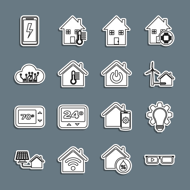 设置智能眼镜、灯泡和齿轮、带有风力涡轮机的房子、温度、物联网、移动充电电池和家庭图标。向量图片下载