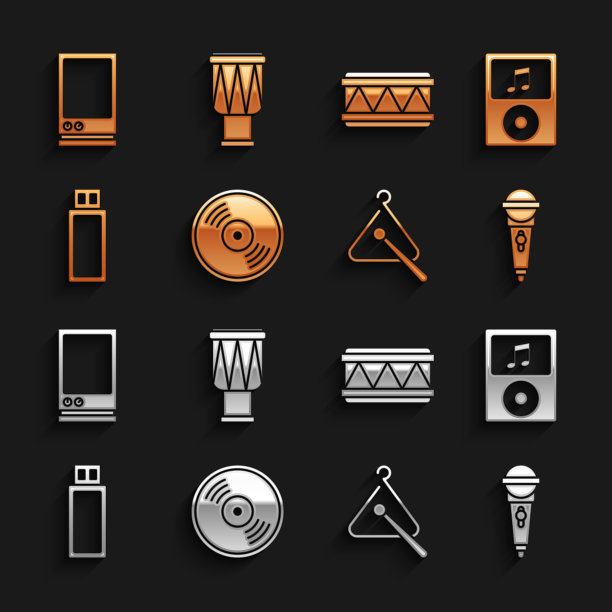 设置光盘，音乐播放器，麦克风，三角乐器，USB闪存驱动器，鼓，语音助手和图标。向量图片下载