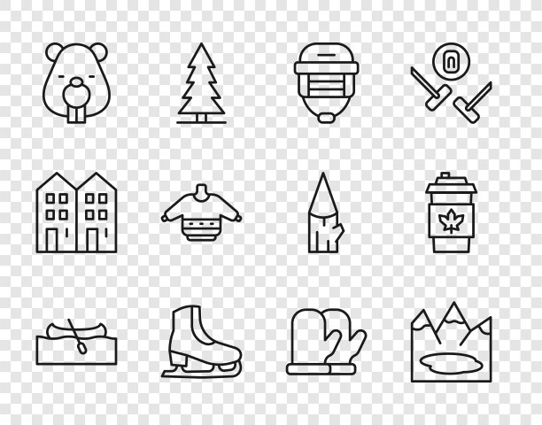 设置线皮艇或独木舟，加拿大湖，曲棍球头盔，冰鞋，海狸动物，圣诞毛衣，手套和咖啡杯去图标。向量图片下载