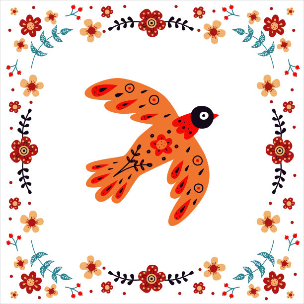 鸟，花，叶的矢量构图，不同的民间构图。斯堪的纳维亚风格的主题。民族平面插图与北欧详细在流行的颜色图片下载