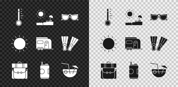 设置气象温度计，海滩与伞和椅子，眼镜，徒步旅行背包，苏打罐，椰子鸡尾酒，太阳和房车露营拖车图标。向量图片下载