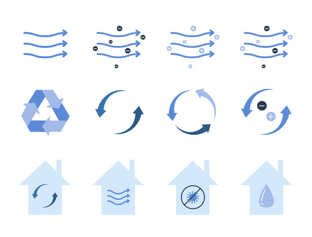 一套空气净化器平面插图。房子里的空气流通。图片下载