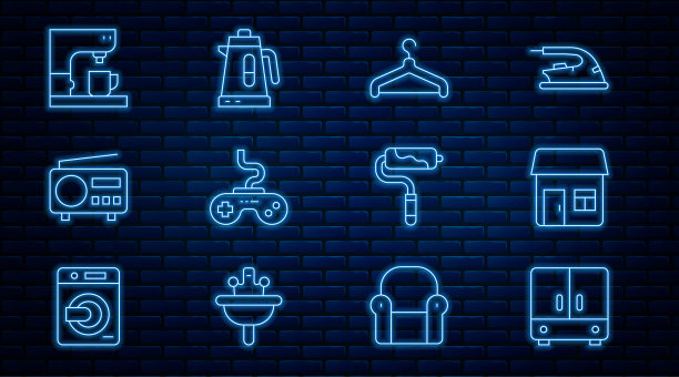 设置线衣柜，房子，衣架衣柜，手柄，收音机，咖啡机，油漆滚筒刷和电水壶图标。向量图片下载