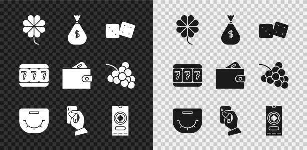 设置赌场老虎机与三叶草，钱袋，游戏骰子，扑克桌，手握扑克，扑克锦标赛邀请，插槽幸运7和钱包钱图标。向量图片下载