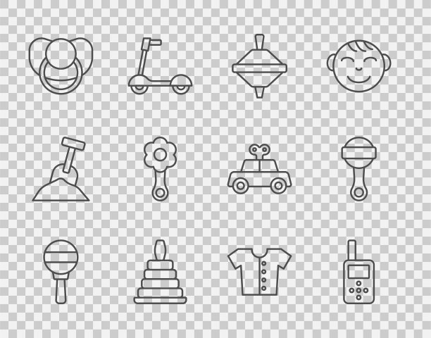 设置线拨动婴儿玩具，婴儿监视器对讲机，旋转，金字塔，奶嘴，t恤和图标。向量图片下载