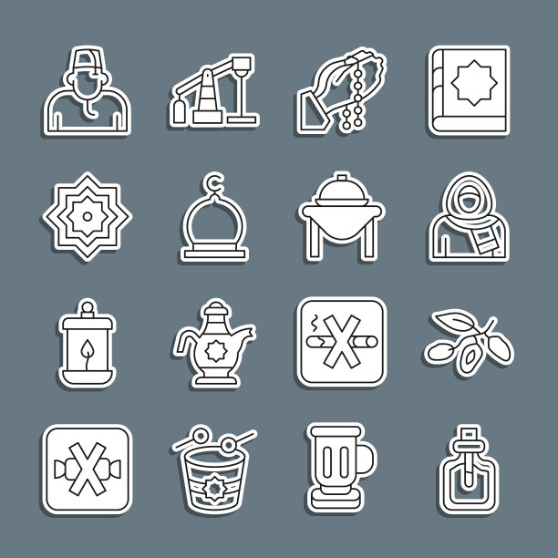 设置香水、枣果、穆斯林妇女头巾、手祈祷位置、清真寺、八角星、餐桌图标。向量图片下载