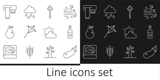 设置线茄子，瓶酒，蜂蜜斗棒，风筝，梨，冬季围巾，太阳和云天气和云与雨的图标。向量图片下载