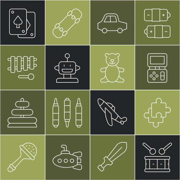 鼓和鼓槌，拼图玩具，俄罗斯方块电子游戏，玩具车，机器人，木琴，扑克牌和泰迪熊毛绒图标。向量图片下载