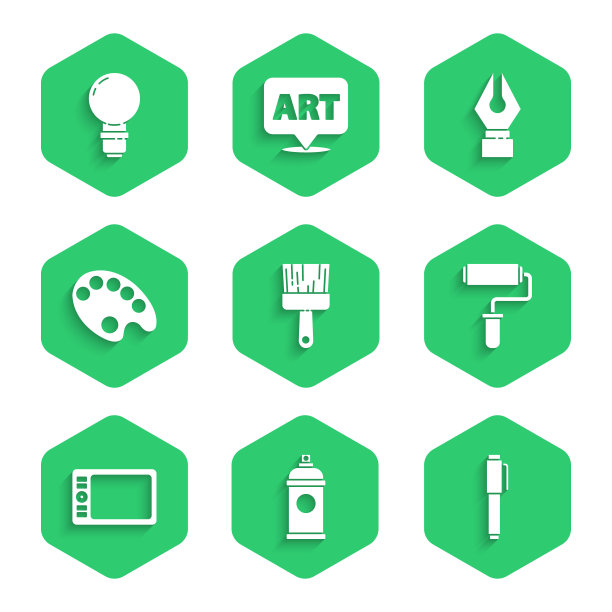 设置油漆刷，喷雾罐，笔，辊，图形板，调色板，喷泉笔尖和灯泡图标。向量图片下载