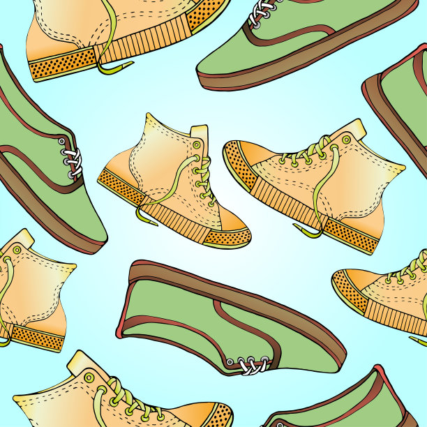 运动鞋无缝模式，彩色手绘插图上的白色背景。图片下载