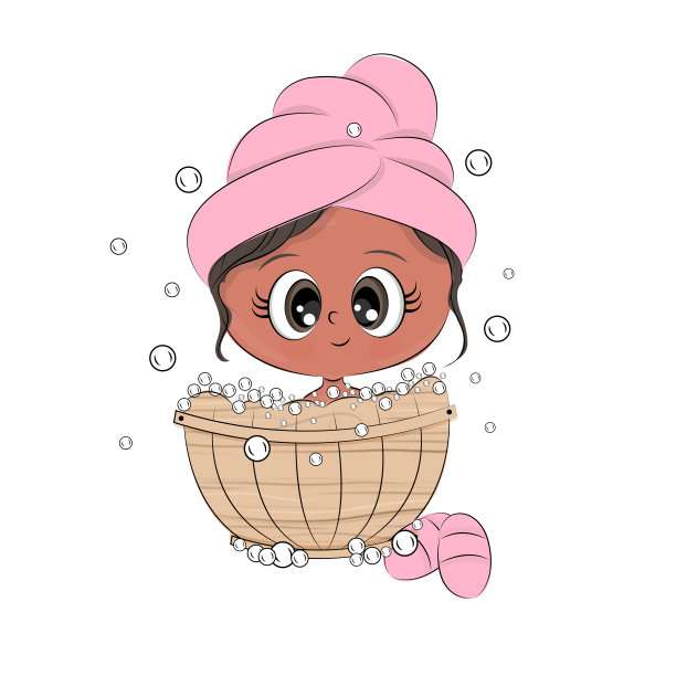 一个小女孩在浴缸里洗澡，她头上有一条毛巾，水疗治疗，护理，卫生，纺织品上的印花，t恤上，包装上，矢量插图图片下载