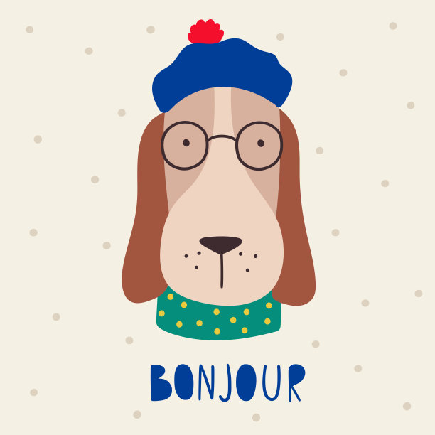 法国的狗。法国风格的狗。矢量插图卡通狗穿着法国风格贝雷帽。适合贴海报，t恤，明信片。图片下载