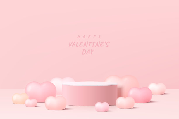现实的粉红色和白色的3D圆柱体底座与心脏气球形状。情人节最小场景墙，产品展示，舞台推广展示。矢量抽象工作室工作室平台设计图片下载