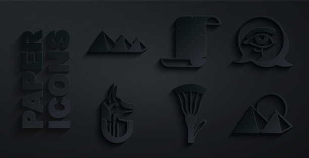 设置埃及莲花，荷鲁斯之眼，阿努比斯，金字塔，纸莎草卷轴和图标。向量图片下载