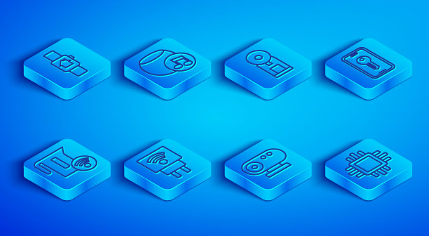 设有智能手表、语音助手、咖啡机、电插头、网络摄像头、钥匙、水壶、处理器CPU图标的智能家居。向量图片下载