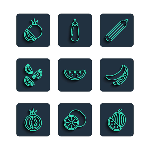 设置线番茄，猕猴桃，西瓜，新鲜黄瓜，和青豆图标。向量图片下载