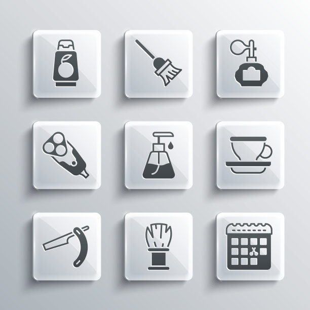 设置剃须刷，日历与理发日，咖啡杯，奶油化妆品管，直剃须刀，电动刀片，洗发水和须后水图标。向量图片下载