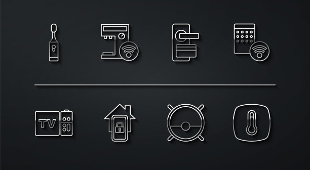 电动牙刷，多媒体和电视盒接收器，空气加湿器，机器人吸尘器，智能家居，智能咖啡机，恒温器和数字门锁图标。向量图片下载