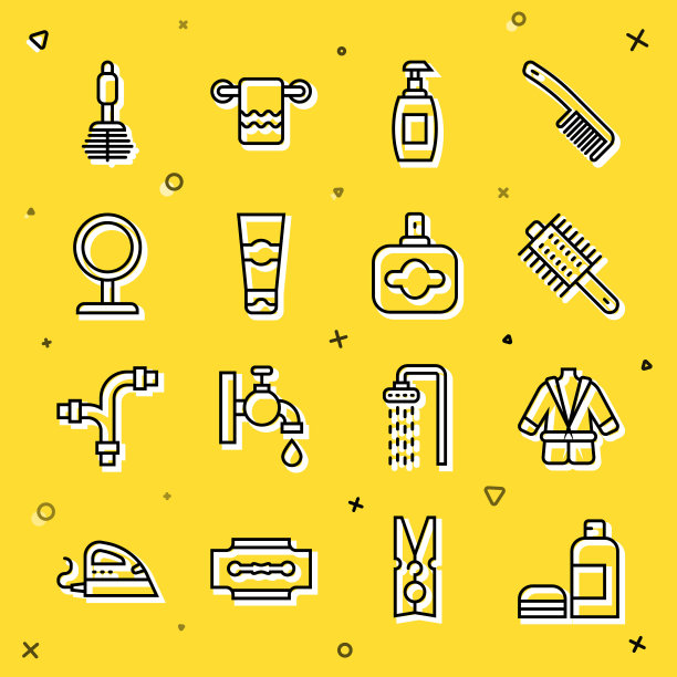 洗发水，浴袍，发刷，皂液，牙膏管，圆形化妆镜，马桶和香水图标。向量图片下载