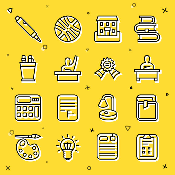 设置线考试表与检查标记，书，男生坐在书桌，建筑，男性孩子举手，铅笔盒文具，马克笔和奖章图标。向量图片下载