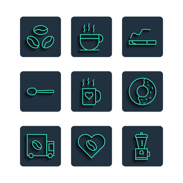 设置线咖啡街头卡车机，情人，电动咖啡研磨机，香烟，杯和心，勺子，豆子和甜甜圈与甜釉图标。向量图片下载