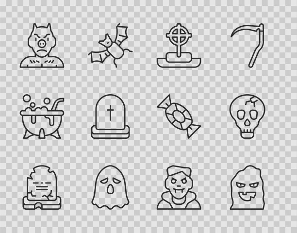 设置行墓碑与RIP写，有趣和可怕的幽灵面具，十字架，幽灵，克拉普斯，赫克，吸血鬼和骷髅图标。向量图片下载