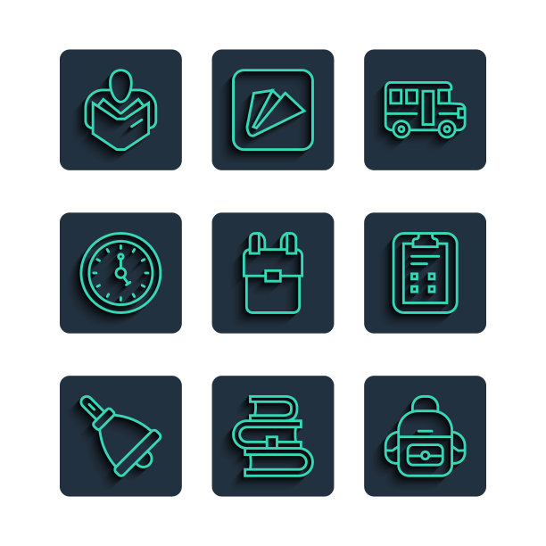 设置行铃，书，学校背包，公共汽车，时钟，阅读书和考试表与检查标记图标。向量图片下载