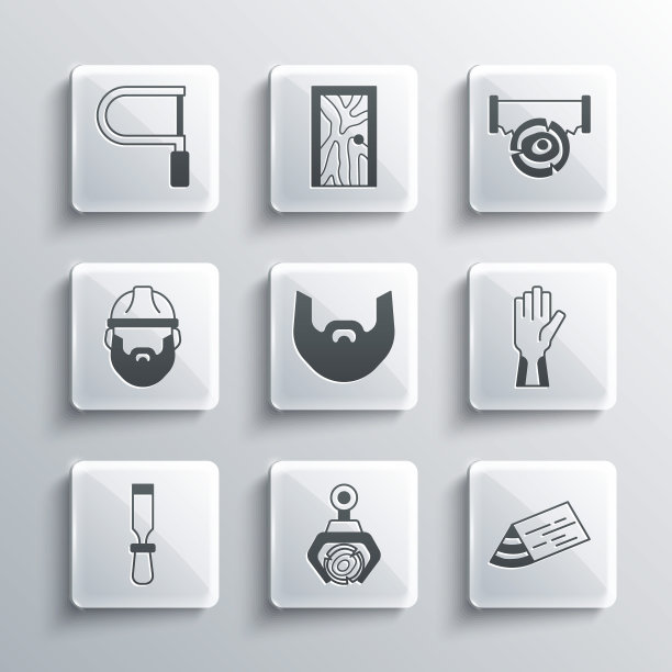 设置抓钩起重机抓取原木，木梁，防护手套，胡子和胡子，凿子工具，伐木工人，钢锯和双手图标。向量图片下载