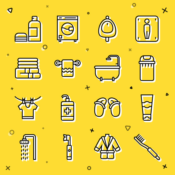 设置线牙刷，牙膏管，垃圾桶，便池或尿壶，毛巾在衣架上，堆栈，瓶子洗发水和浴缸图标。向量图片下载