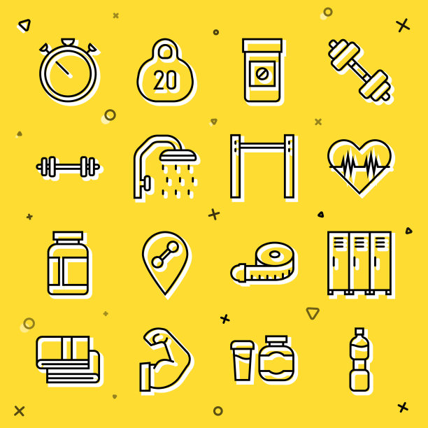 设置线瓶装水，储物柜或更衣室，心率，合成代谢药物，淋浴头，杠铃，秒表和水平栏图标。向量图片下载