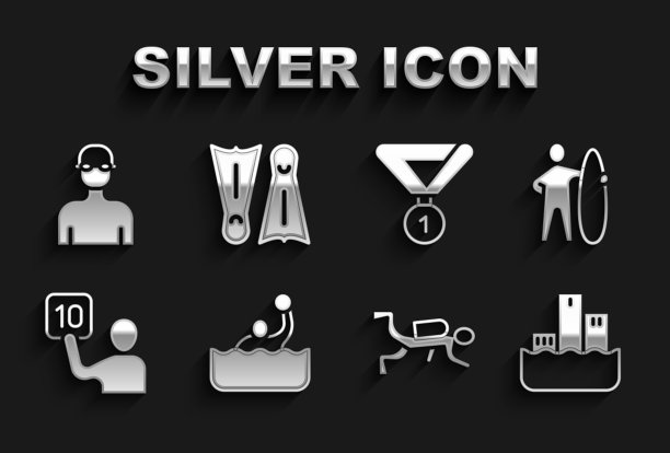 设置水球，冲浪板，冠军领奖台，水肺潜水员，评审的评估，奖牌，游泳运动员和鳍状肢为游泳图标。向量图片下载