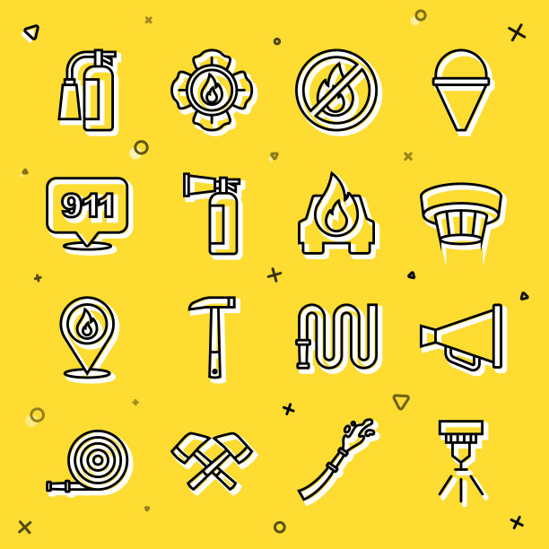 设置消防喷淋系统，扩音器，烟雾报警器，无火，灭火器，紧急呼叫911，和燃烧的汽车图标。向量图片下载