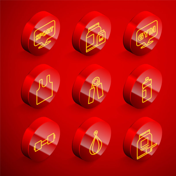 设置线定位健身房，运动营养，无袖t恤，扩张器，健身摇壶，哑铃和沙袋图标。向量图片下载