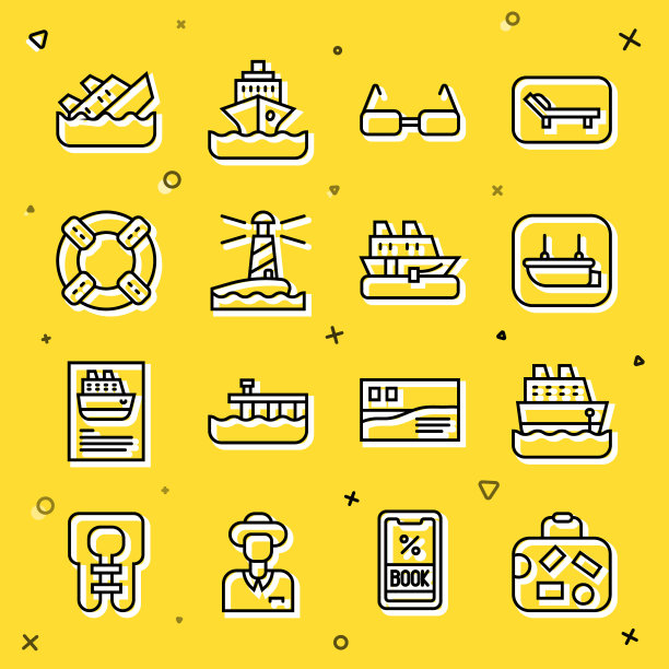 设置旅行箱，游轮，救生艇，眼镜，灯塔，救生圈，沉船巡航和图标。向量图片下载