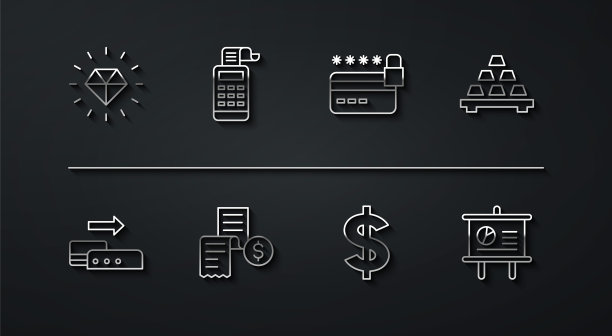 设置线菱形，Pos终端，金条，美元符号，纸或财务支票，现金出纳机，黑板与图表和信用卡锁图标。向量图片下载