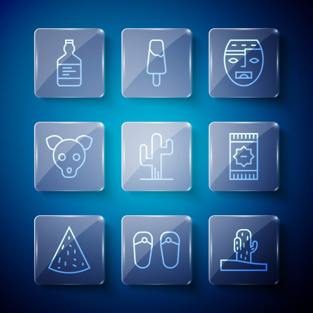 设置线玉米片，人字拖，仙人掌，阿兹特克面具，狗，龙舌兰瓶和墨西哥地毯图标。向量图片下载