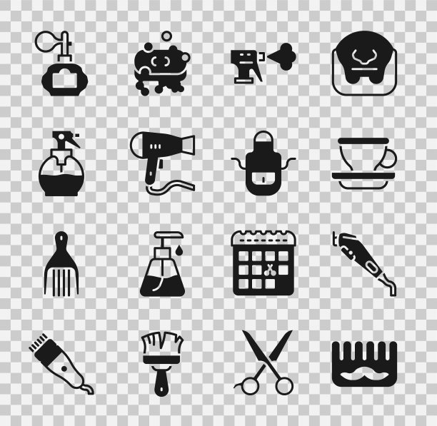 设置发刷，电动理发器，咖啡杯，发型师手枪喷雾瓶，干燥机，须后水和理发师围裙图标。向量图片下载