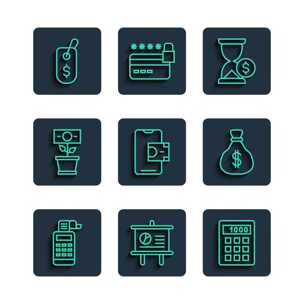 设置线收银机，黑板与图表，计算器，沙漏美元，手机银行，金钱种植锅，价格标签和袋图标。向量图片下载