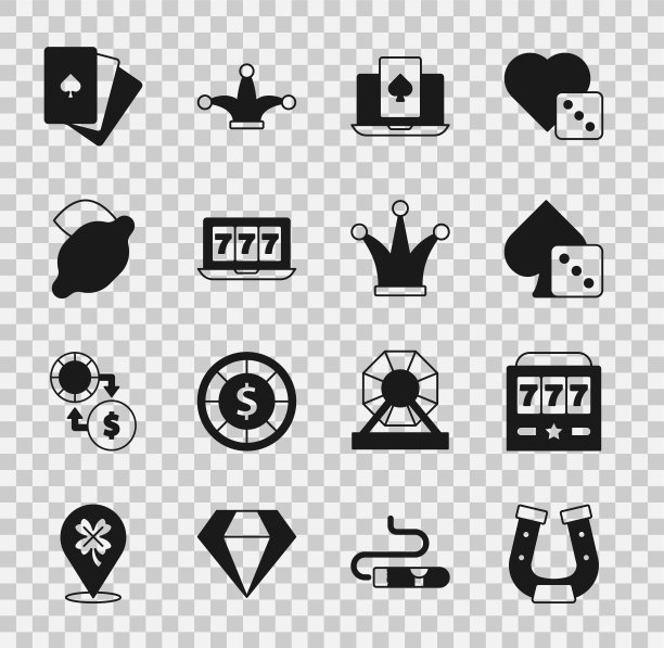 设置马蹄铁，老虎机与头奖，游戏骰子，在线扑克桌游戏，插槽，赌场柠檬，扑克牌和小丑图标的甲板。向量图片下载
