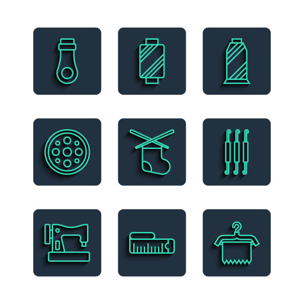 设置线缝纫机，卷尺，衣架衣柜，线轴上的线，针织针，钮扣，拉链和钩针图标。向量图片下载