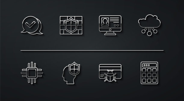 设置语音气泡、物联网、系统bug信用卡、屏蔽头、屏蔽砖墙、密码保护和创建帐户屏幕图标。向量图片下载