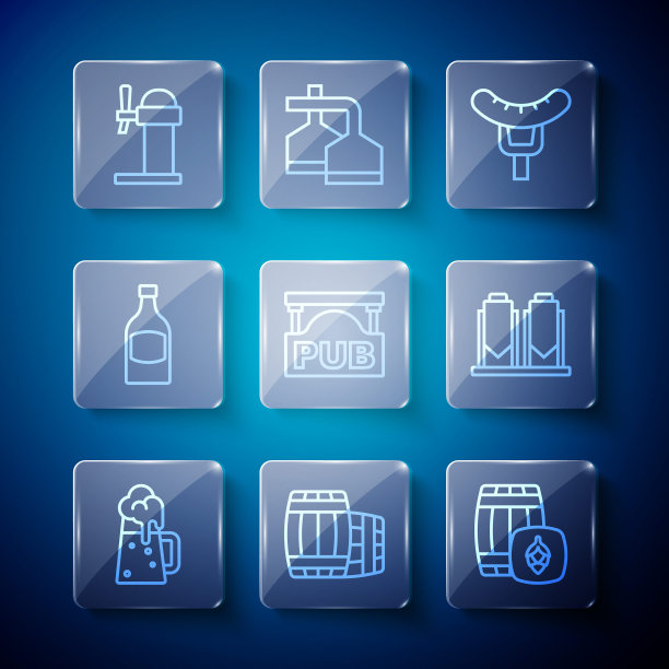设置线木制啤酒杯，桶，叉子上的香肠，街头招牌与酒吧，啤酒瓶，饮水机和酿造过程的图标。向量图片下载