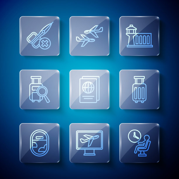 设置线路飞机窗口，飞机，候机楼，机场控制塔，护照，丢失行李，没有剪刀和手提箱图标。向量图片下载