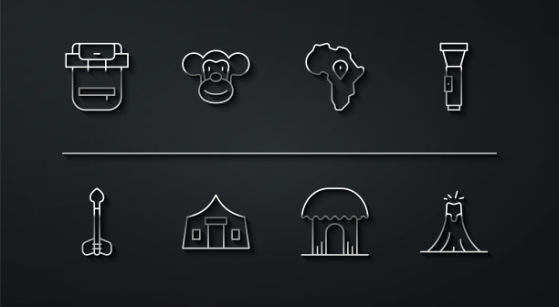 设置线徒步旅行背包，箭，手电筒，非洲小屋，旅游帐篷，猴子，火山爆发和图标地图。向量图片下载