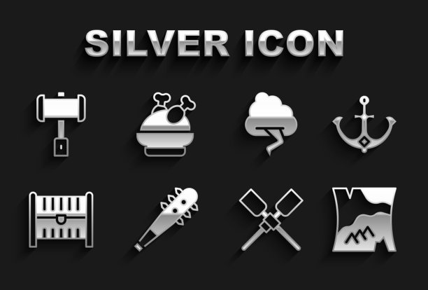 设置钉钉，锚，折叠地图，桨桨船，古董宝箱，云和闪电，战斗锤和烤火鸡图标。向量图片下载