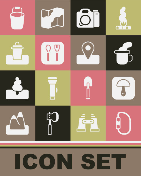 设置钩环，蘑菇，茶，照片相机，叉子和勺子，垃圾桶，桶和位置露营图标。向量图片下载