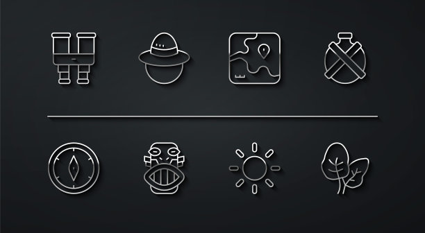 设置线双筒望远镜，指南针，水壶水壶，太阳，墨西哥玛雅人或阿兹特克面具，野营帽，热带树叶和非洲狩猎地图图标。向量图片下载