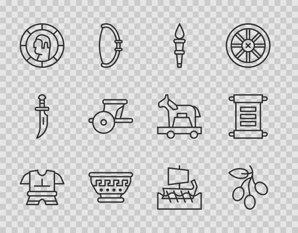 集线盔甲，橄榄枝，火炬火焰，希腊古代碗，古代硬币，战车，三柱和法令，羊皮纸，卷轴图标。向量图片下载