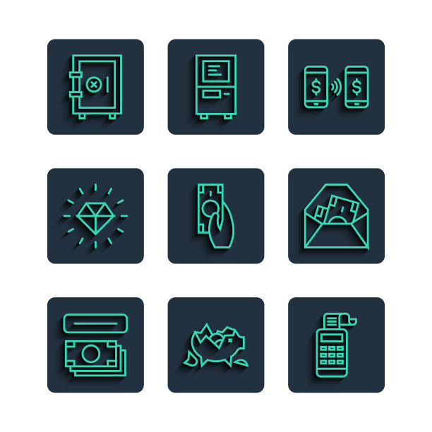 设置自动取款机和钱，破碎的小猪存钱罐，收银机，现金支付转移，快速支付，钻石，保险箱和信封与美元符号图标。向量图片下载